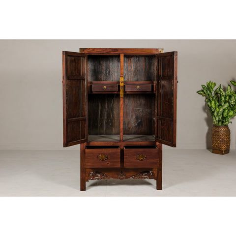 Large Brown Lacquer Elmwood Cabinet with Carved Skirt and Brass Hardware-YN1301-9. Asian & Chinese Furniture, Art, Antiques, Vintage Home Décor for sale at FEA Home