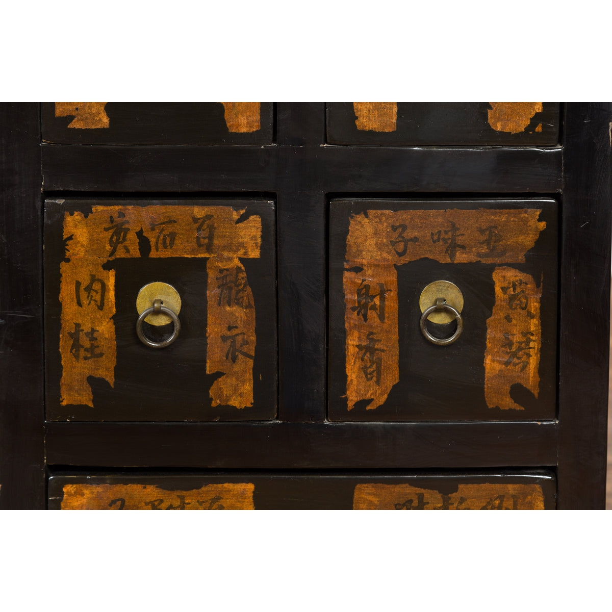 Pair of Chinese Qing Dynasty Black Lacquer Apothecary Cabinets with Calligraphy-10. Asian & Chinese Furniture, Art, Antiques, Vintage Home Décor for sale at FEA Home