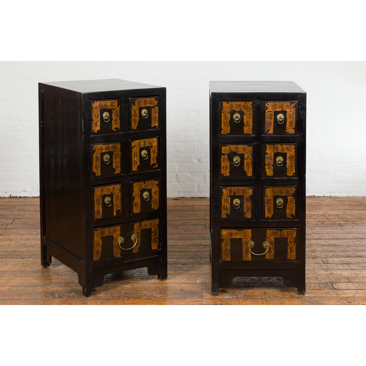 Pair of Chinese Qing Dynasty Black Lacquer Apothecary Cabinets with Calligraphy-14. Asian & Chinese Furniture, Art, Antiques, Vintage Home Décor for sale at FEA Home