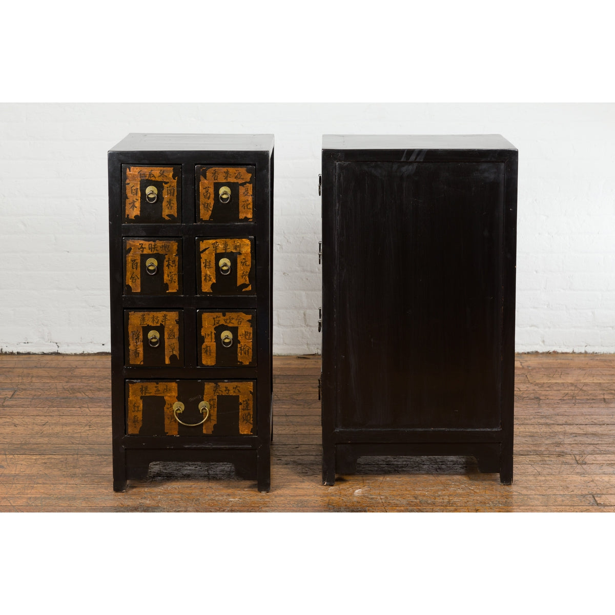Pair of Chinese Qing Dynasty Black Lacquer Apothecary Cabinets with Calligraphy-15. Asian & Chinese Furniture, Art, Antiques, Vintage Home Décor for sale at FEA Home