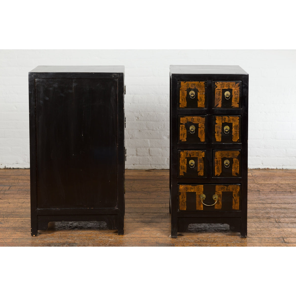 Pair of Chinese Qing Dynasty Black Lacquer Apothecary Cabinets with Calligraphy-16. Asian & Chinese Furniture, Art, Antiques, Vintage Home Décor for sale at FEA Home