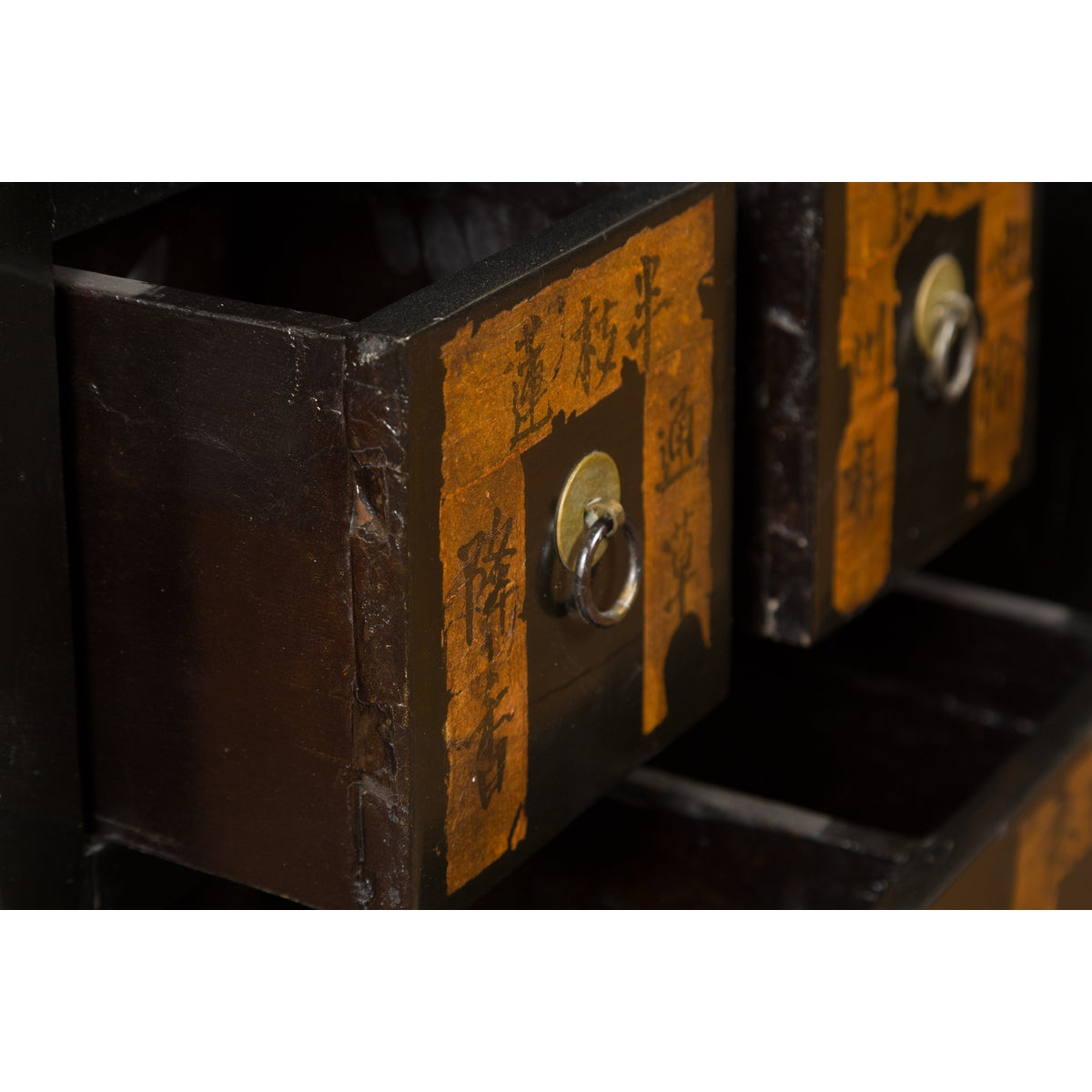 Pair of Chinese Qing Dynasty Black Lacquer Apothecary Cabinets with Calligraphy-4. Asian & Chinese Furniture, Art, Antiques, Vintage Home Décor for sale at FEA Home