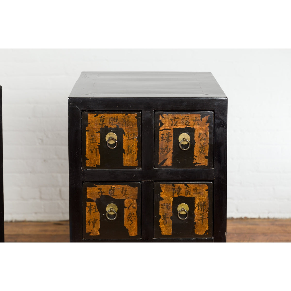 Pair of Chinese Qing Dynasty Black Lacquer Apothecary Cabinets with Calligraphy-6. Asian & Chinese Furniture, Art, Antiques, Vintage Home Décor for sale at FEA Home