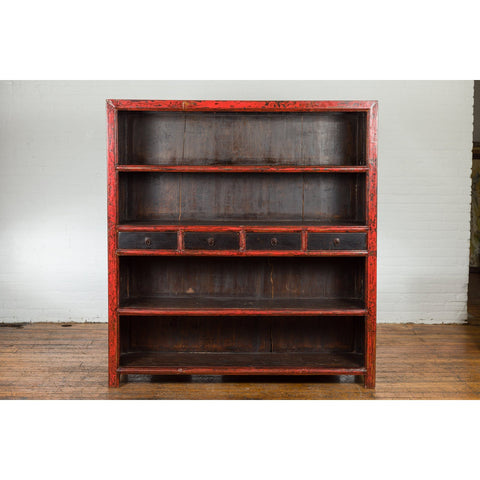 Chinese Qing Dynasty Period 19th Century Bookcase with Red and Brown Lacquer-YN1395-2. Asian & Chinese Furniture, Art, Antiques, Vintage Home Décor for sale at FEA Home