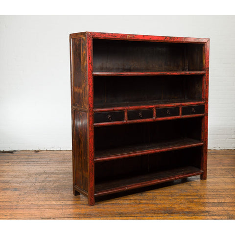 Chinese Qing Dynasty Period 19th Century Bookcase with Red and Brown Lacquer-YN1395-3. Asian & Chinese Furniture, Art, Antiques, Vintage Home Décor for sale at FEA Home