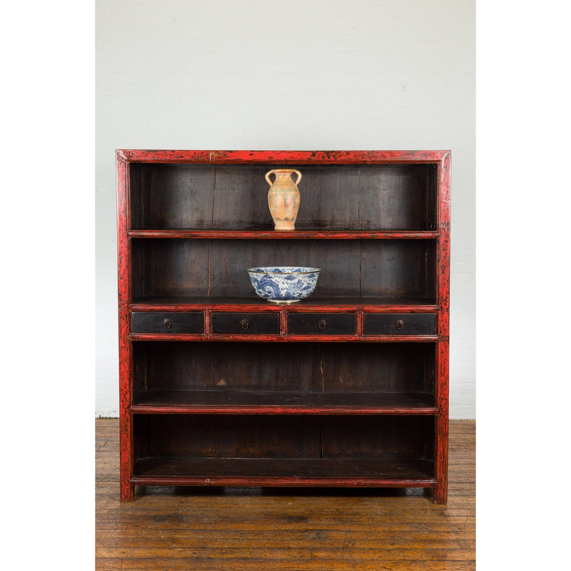 Chinese Qing Dynasty Period 19th Century Bookcase with Red and Brown Lacquer-YN1395-4. Asian & Chinese Furniture, Art, Antiques, Vintage Home Décor for sale at FEA Home