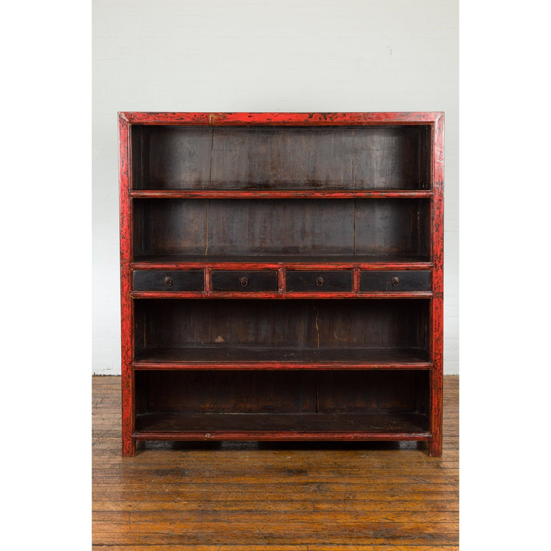 Chinese Qing Dynasty Period 19th Century Bookcase with Red and Brown Lacquer-YN1395-5. Asian & Chinese Furniture, Art, Antiques, Vintage Home Décor for sale at FEA Home