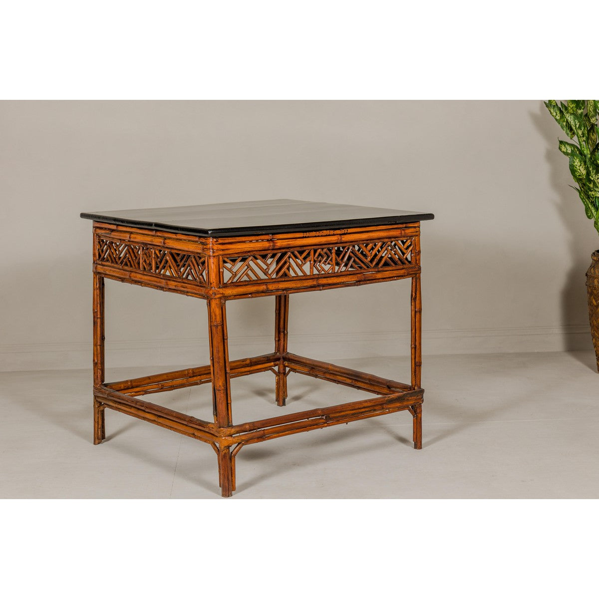 Bamboo Qing Dynasty Center Table with Geometric Apron and Black Lacquered Top-11. Asian & Chinese Furniture, Art, Antiques, Vintage Home Décor for sale at FEA Home