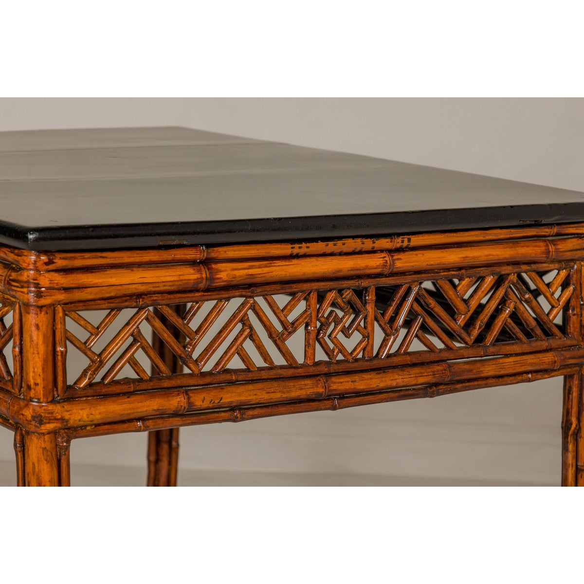 Bamboo Qing Dynasty Center Table with Geometric Apron and Black Lacquered Top-12. Asian & Chinese Furniture, Art, Antiques, Vintage Home Décor for sale at FEA Home