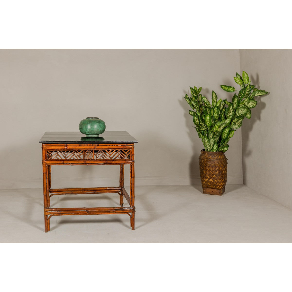 Bamboo Qing Dynasty Center Table with Geometric Apron and Black Lacquered Top-2. Asian & Chinese Furniture, Art, Antiques, Vintage Home Décor for sale at FEA Home
