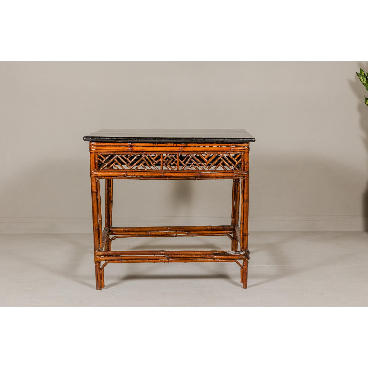 Bamboo Qing Dynasty Center Table with Geometric Apron and Black Lacquered Top-3. Asian & Chinese Furniture, Art, Antiques, Vintage Home Décor for sale at FEA Home