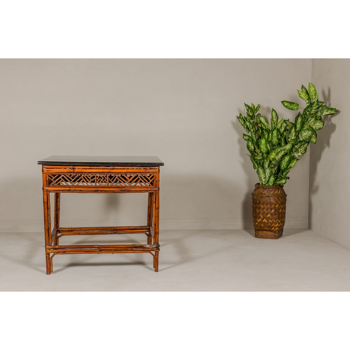 Bamboo Qing Dynasty Center Table with Geometric Apron and Black Lacquered Top-4. Asian & Chinese Furniture, Art, Antiques, Vintage Home Décor for sale at FEA Home