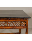 Bamboo Qing Dynasty Center Table with Geometric Apron and Black Lacquered Top-6. Asian & Chinese Furniture, Art, Antiques, Vintage Home Décor for sale at FEA Home