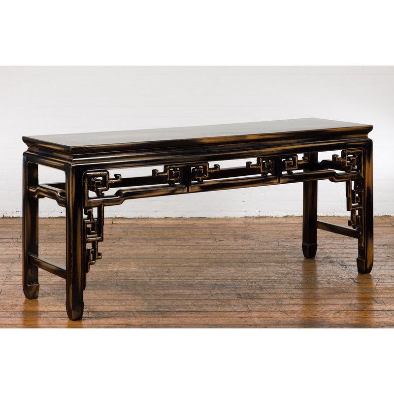Chinese Vintage Black and Brown Low Console Table-YN1511-13. Asian & Chinese Furniture, Art, Antiques, Vintage Home Décor for sale at FEA Home