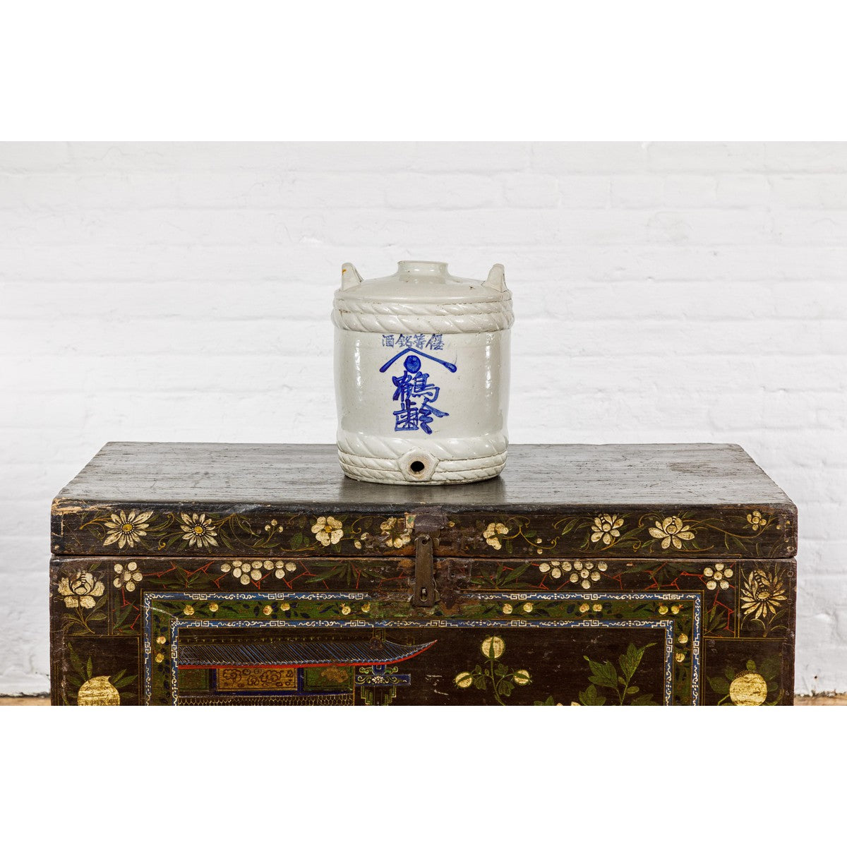 Meiji Period 19th Century Barrel Shaped Sake Jar with Calligraphy-3. Asian & Chinese Furniture, Art, Antiques, Vintage Home Décor for sale at FEA Home