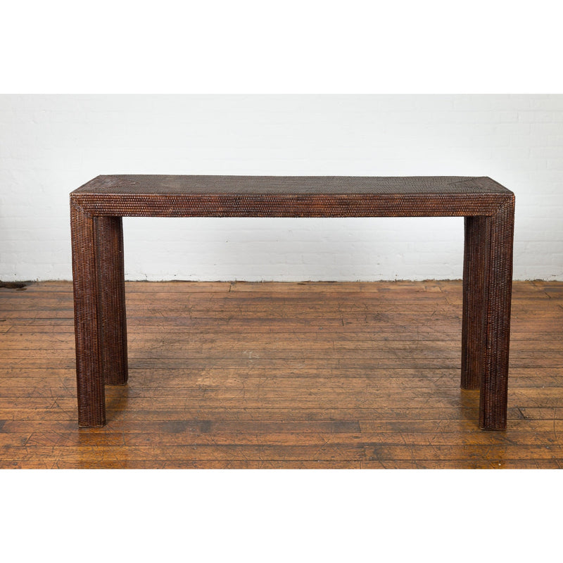 Rustic Vintage Thai Dark Brown Stained Woven Rattan Country Style Console Table-YN1920-2. Asian & Chinese Furniture, Art, Antiques, Vintage Home Décor for sale at FEA Home
