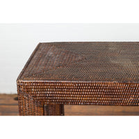 Rustic Vintage Thai Dark Brown Stained Woven Rattan Country Style Console Table