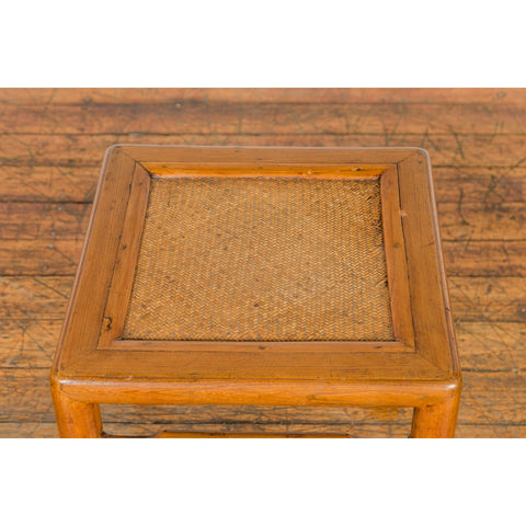 Antique Small Square Side Table with Rattan Insert and Humpback Stretcher-YN1964-11. Asian & Chinese Furniture, Art, Antiques, Vintage Home Décor for sale at FEA Home