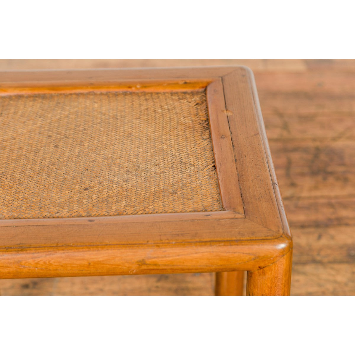 Antique Small Square Side Table with Rattan Insert and Humpback Stretcher-13. Asian & Chinese Furniture, Art, Antiques, Vintage Home Décor for sale at FEA Home