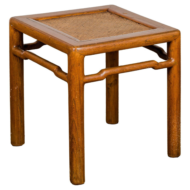 Antique Small Square Side Table with Rattan Insert and Humpback Stretcher-YN1964-19. Asian & Chinese Furniture, Art, Antiques, Vintage Home Décor for sale at FEA Home
