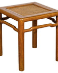 Antique Small Square Side Table with Rattan Insert and Humpback Stretcher-1. Asian & Chinese Furniture, Art, Antiques, Vintage Home Décor for sale at FEA Home