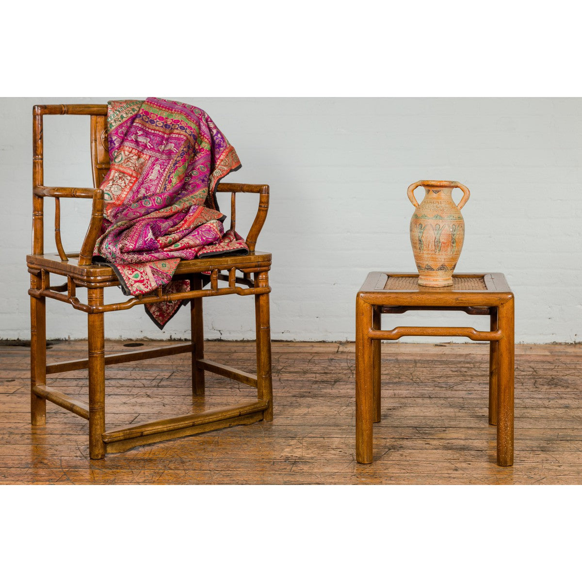 Antique Small Square Side Table with Rattan Insert and Humpback Stretcher-2. Asian & Chinese Furniture, Art, Antiques, Vintage Home Décor for sale at FEA Home