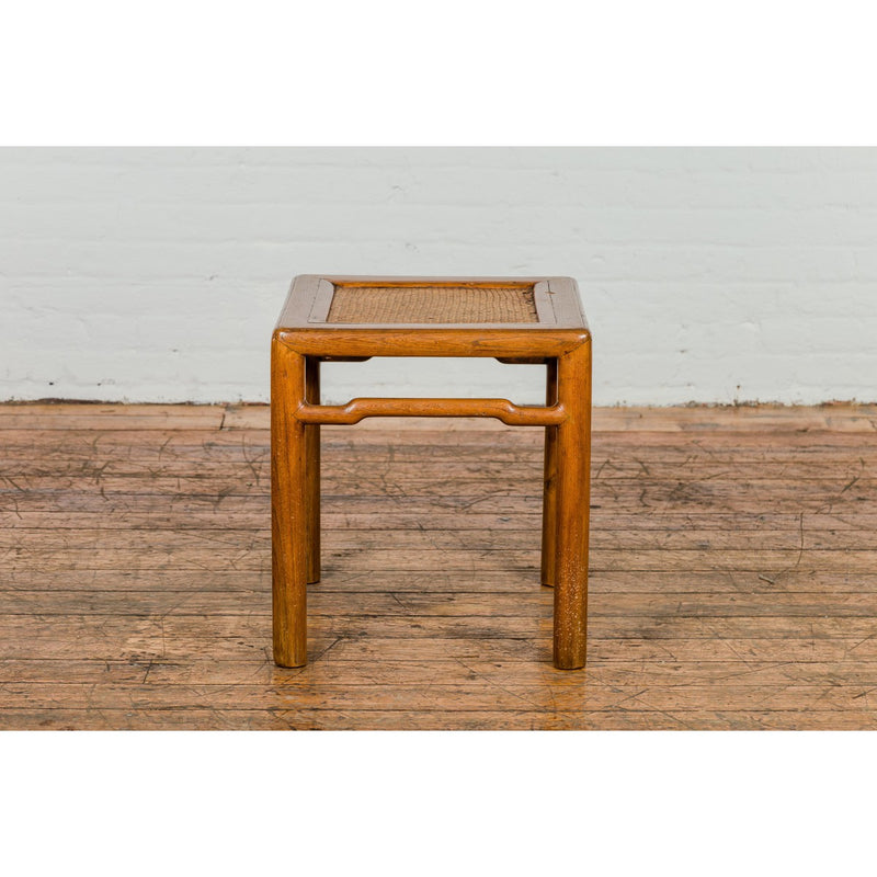Antique Small Square Side Table with Rattan Insert and Humpback Stretcher-YN1964-4. Asian & Chinese Furniture, Art, Antiques, Vintage Home Décor for sale at FEA Home