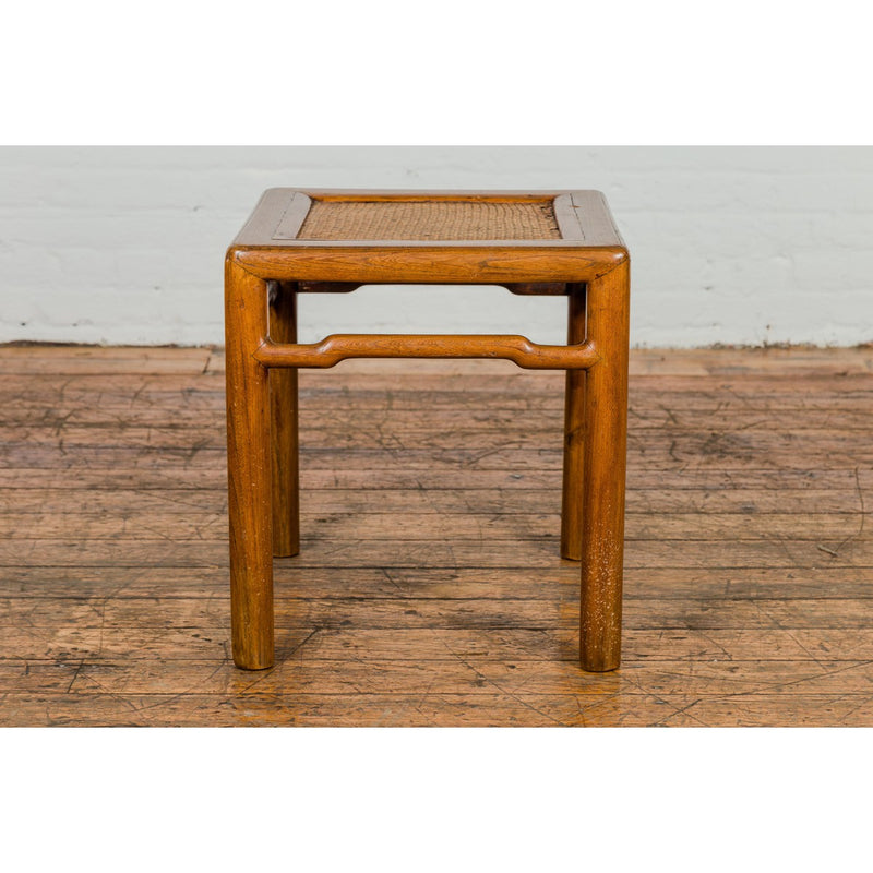 Antique Small Square Side Table with Rattan Insert and Humpback Stretcher-YN1964-6. Asian & Chinese Furniture, Art, Antiques, Vintage Home Décor for sale at FEA Home