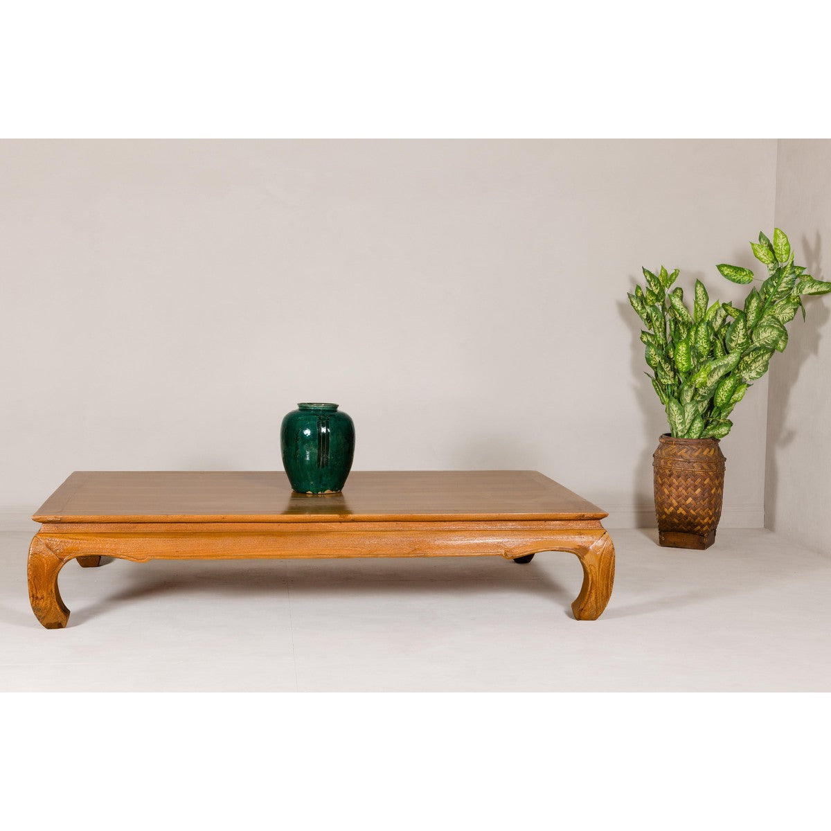 Large Light Brown Teak Vintage Coffee Table with Carved Chow Legs-3. Asian & Chinese Furniture, Art, Antiques, Vintage Home Décor for sale at FEA Home