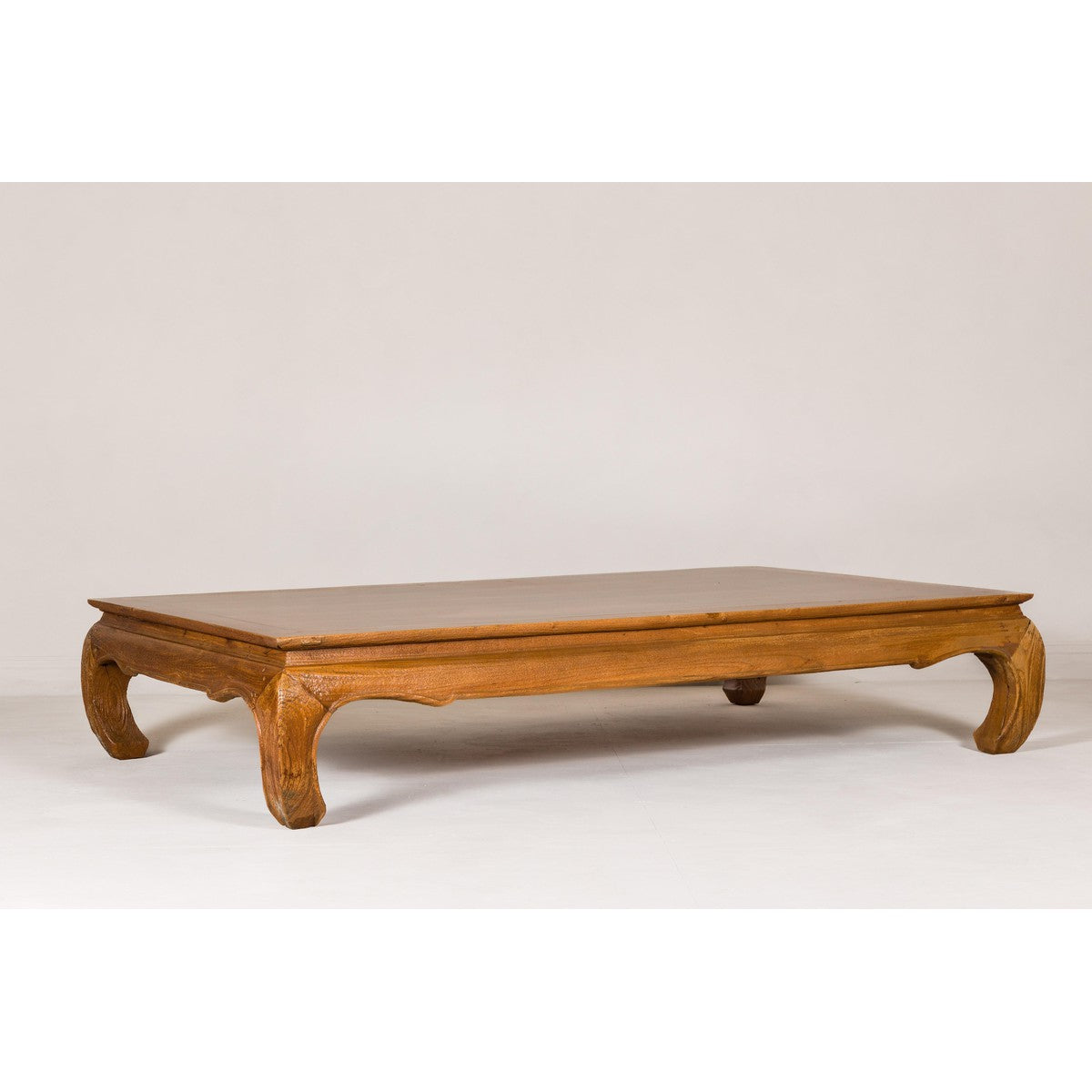 Large Light Brown Teak Vintage Coffee Table with Carved Chow Legs-4. Asian & Chinese Furniture, Art, Antiques, Vintage Home Décor for sale at FEA Home