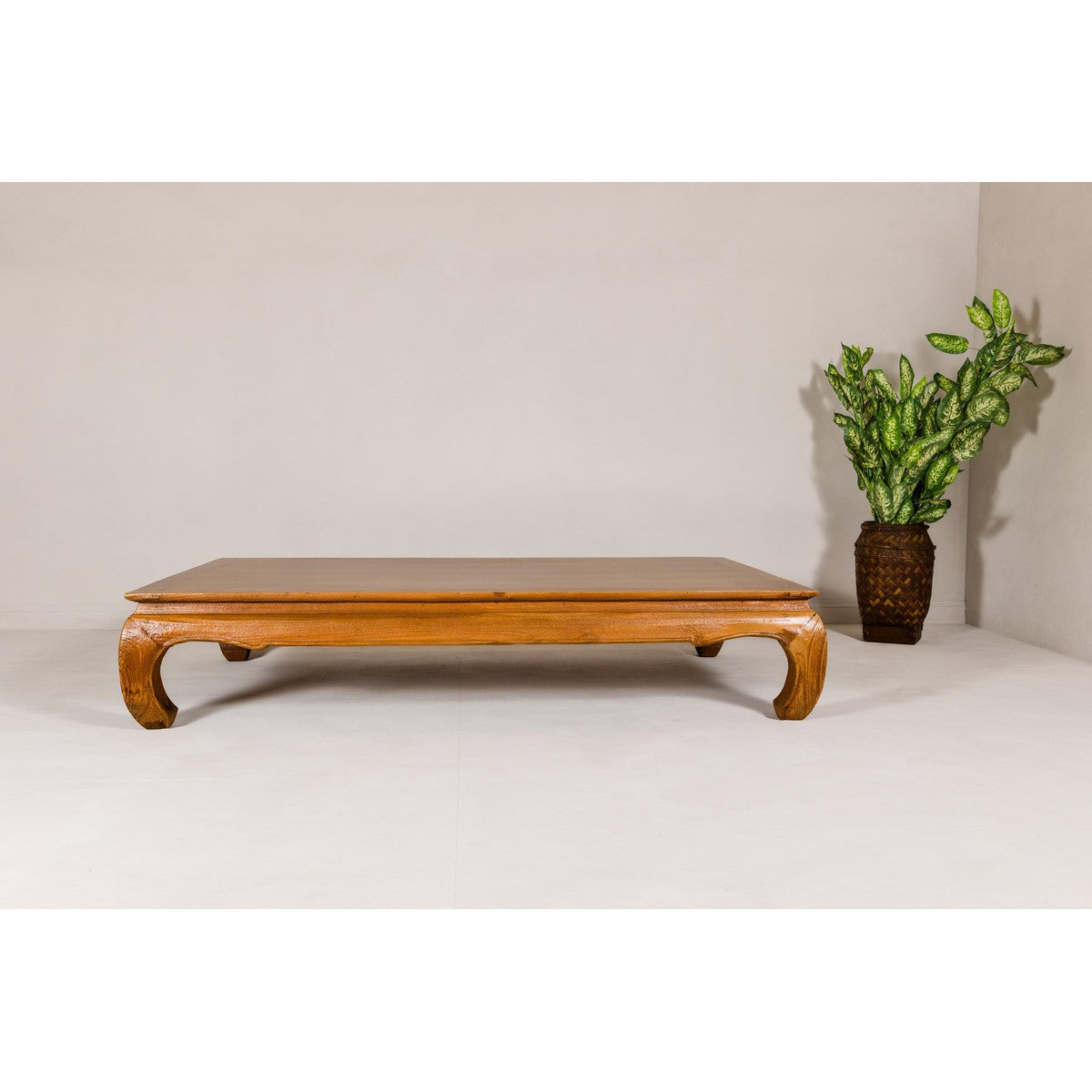 Large Light Brown Teak Vintage Coffee Table with Carved Chow Legs-9. Asian & Chinese Furniture, Art, Antiques, Vintage Home Décor for sale at FEA Home