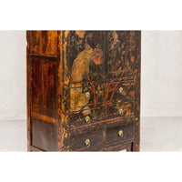 Qing Dynasty Hand-Painted Cabinet with Floral Décor, Doors and Drawers