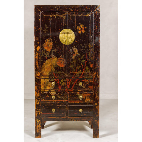 Qing Dynasty Hand-Painted Cabinet with Floral Décor, Doors and Drawers-YN2047-2. Asian & Chinese Furniture, Art, Antiques, Vintage Home Décor for sale at FEA Home