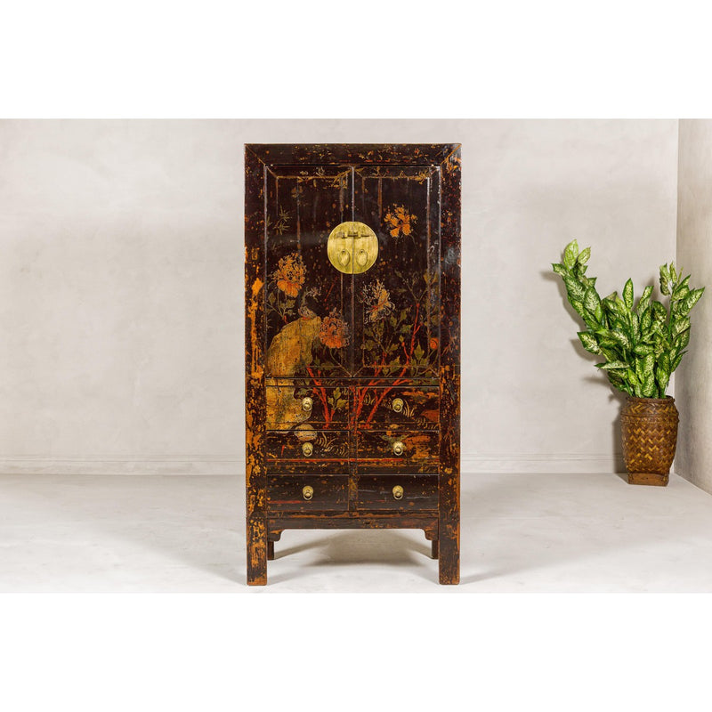 Qing Dynasty Hand-Painted Cabinet with Floral Décor, Doors and Drawers-YN2047-4. Asian & Chinese Furniture, Art, Antiques, Vintage Home Décor for sale at FEA Home