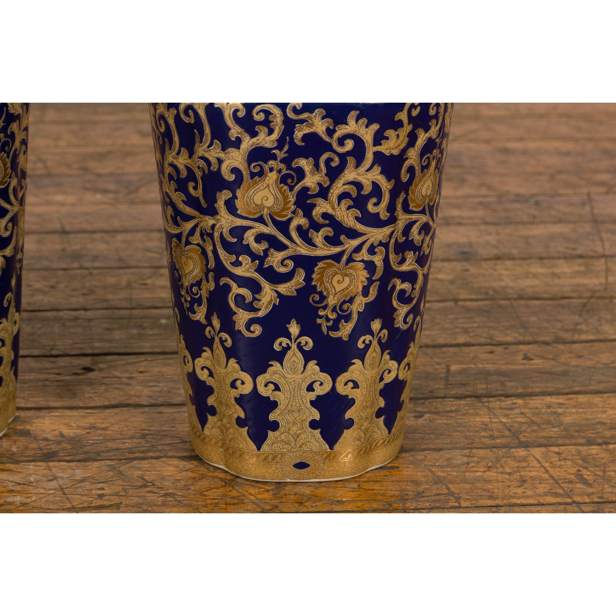 Pair of Dark Blue and Gold Vintage Vases with Intricate Design-10. Asian & Chinese Furniture, Art, Antiques, Vintage Home Décor for sale at FEA Home