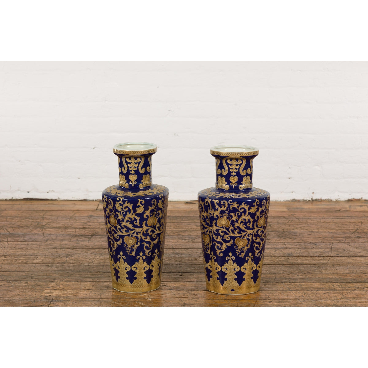 Pair of Dark Blue and Gold Vintage Vases with Intricate Design-14. Asian & Chinese Furniture, Art, Antiques, Vintage Home Décor for sale at FEA Home