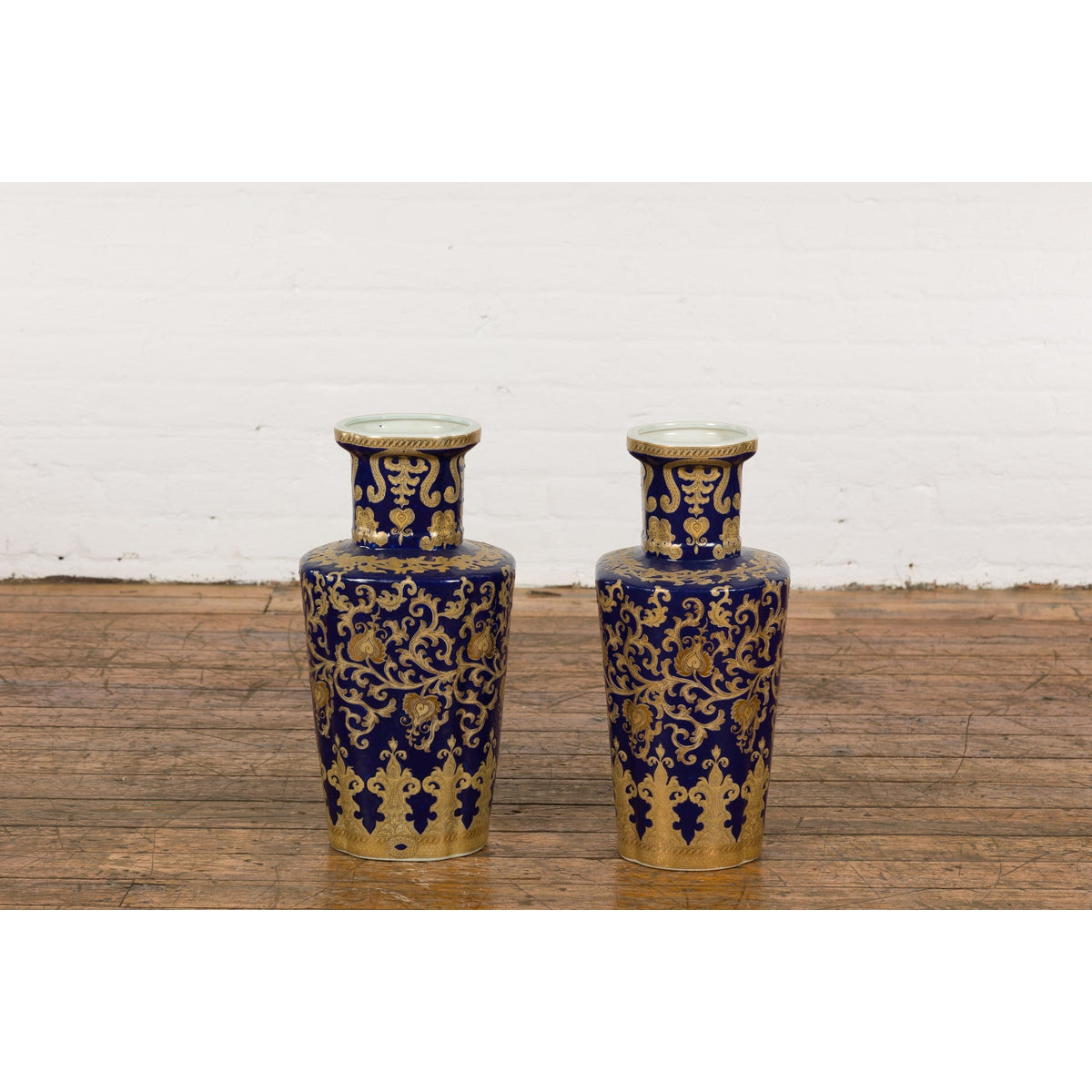 Pair of Dark Blue and Gold Vintage Vases with Intricate Design-15. Asian & Chinese Furniture, Art, Antiques, Vintage Home Décor for sale at FEA Home