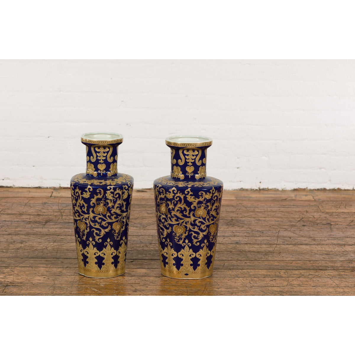 Pair of Dark Blue and Gold Vintage Vases with Intricate Design-16. Asian & Chinese Furniture, Art, Antiques, Vintage Home Décor for sale at FEA Home