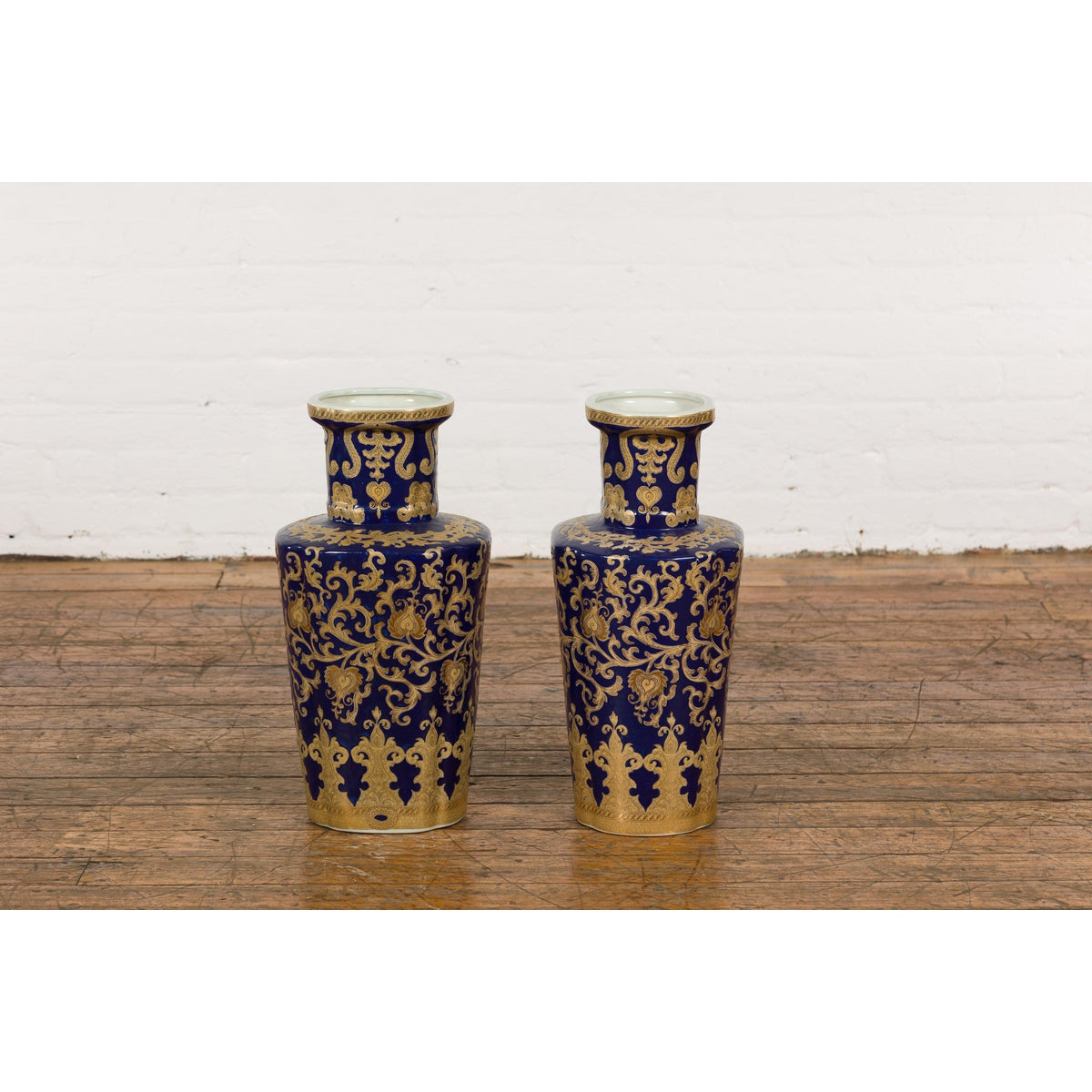 Pair of Dark Blue and Gold Vintage Vases with Intricate Design-17. Asian & Chinese Furniture, Art, Antiques, Vintage Home Décor for sale at FEA Home