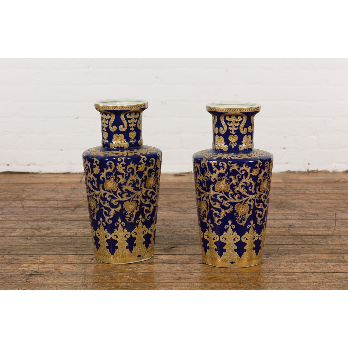 Pair of Dark Blue and Gold Vintage Vases with Intricate Design-2. Asian & Chinese Furniture, Art, Antiques, Vintage Home Décor for sale at FEA Home