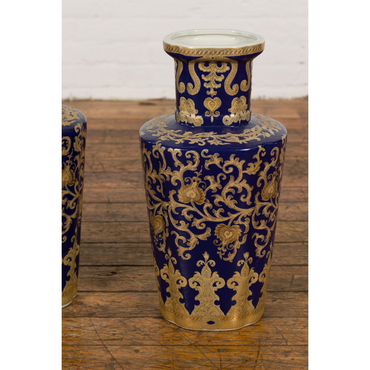 Pair of Dark Blue and Gold Vintage Vases with Intricate Design-3. Asian & Chinese Furniture, Art, Antiques, Vintage Home Décor for sale at FEA Home