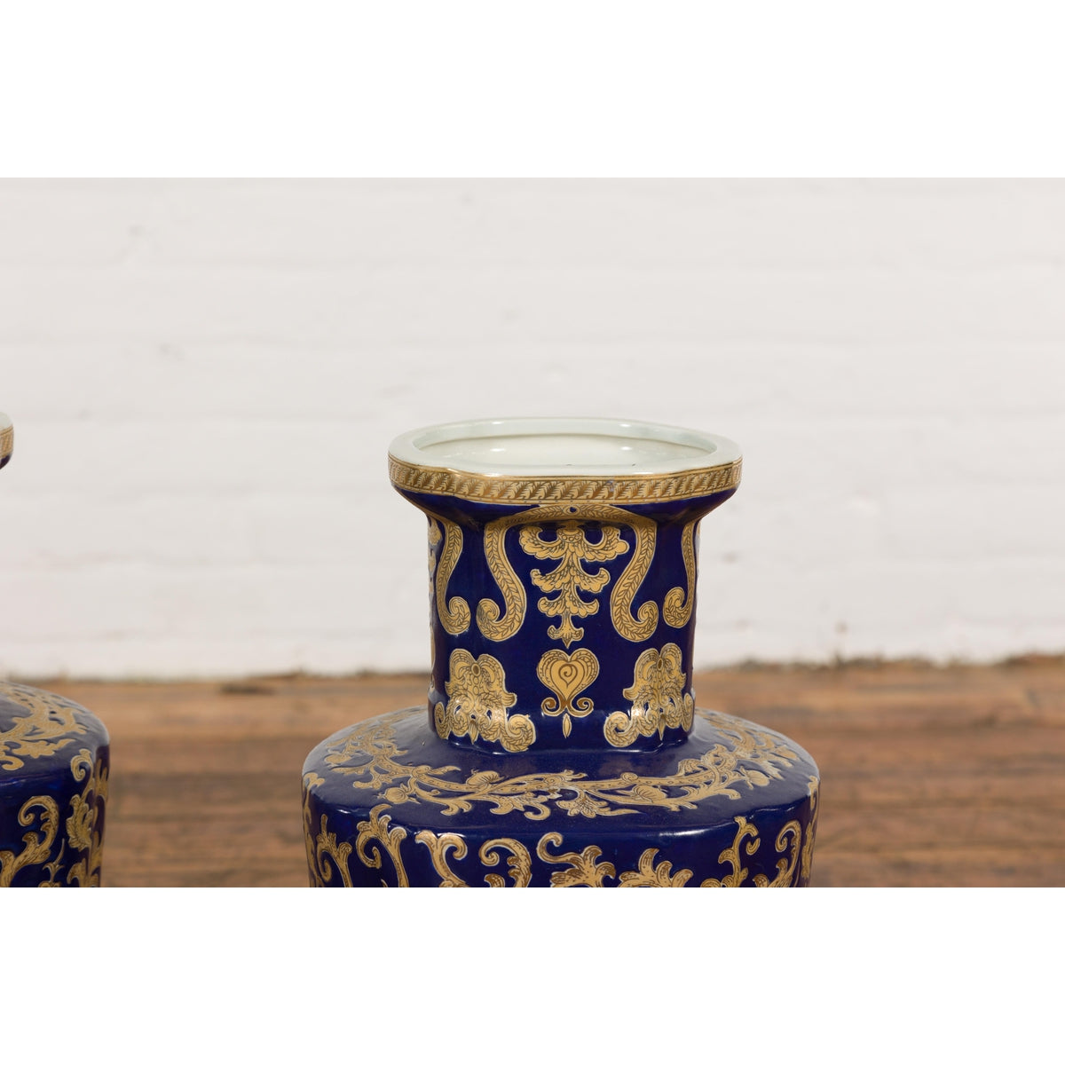Pair of Dark Blue and Gold Vintage Vases with Intricate Design-5. Asian & Chinese Furniture, Art, Antiques, Vintage Home Décor for sale at FEA Home
