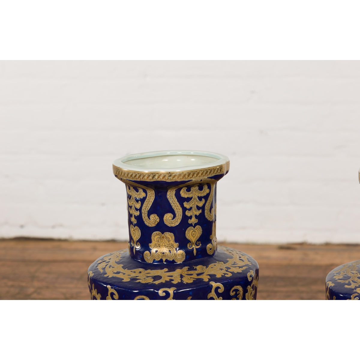 Pair of Dark Blue and Gold Vintage Vases with Intricate Design-6. Asian & Chinese Furniture, Art, Antiques, Vintage Home Décor for sale at FEA Home