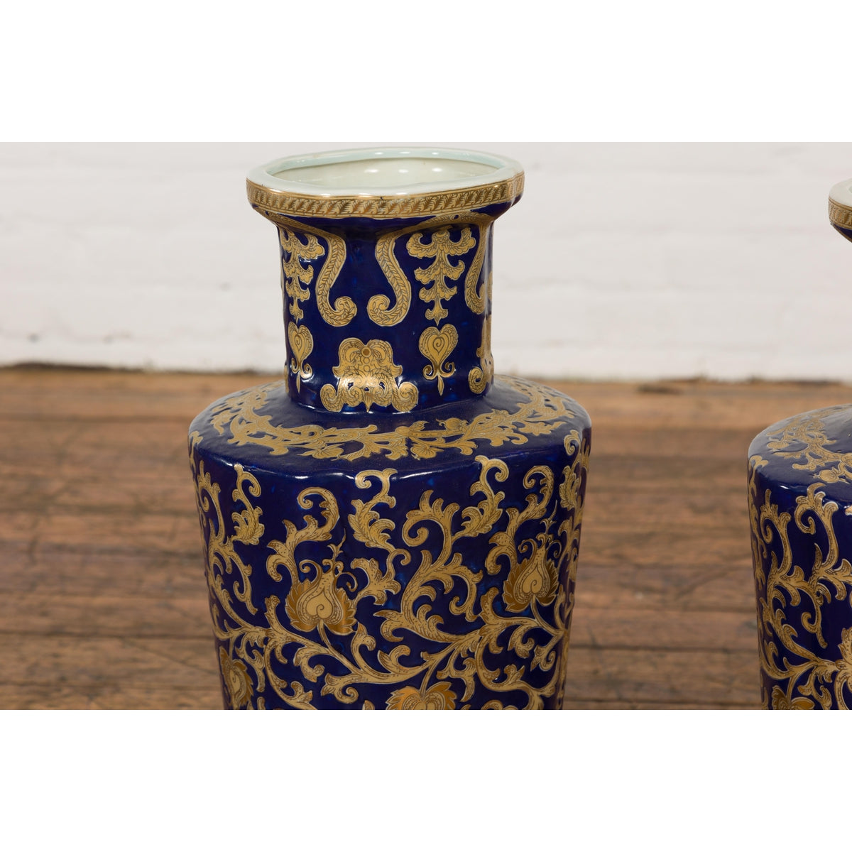 Pair of Dark Blue and Gold Vintage Vases with Intricate Design-7. Asian & Chinese Furniture, Art, Antiques, Vintage Home Décor for sale at FEA Home