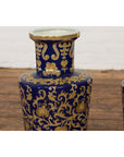 Pair of Dark Blue and Gold Vintage Vases with Intricate Design-7. Asian & Chinese Furniture, Art, Antiques, Vintage Home Décor for sale at FEA Home