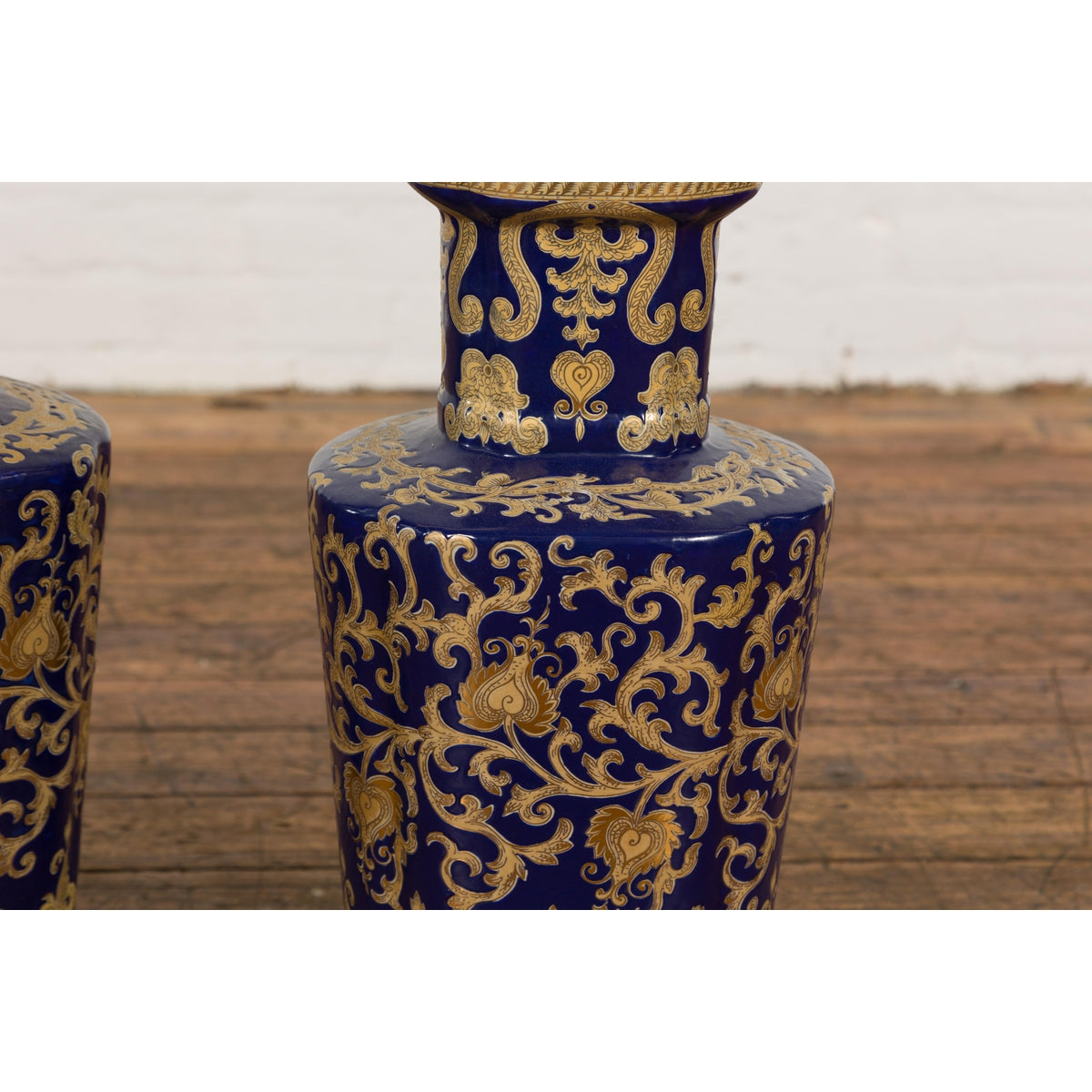 Pair of Dark Blue and Gold Vintage Vases with Intricate Design-8. Asian & Chinese Furniture, Art, Antiques, Vintage Home Décor for sale at FEA Home