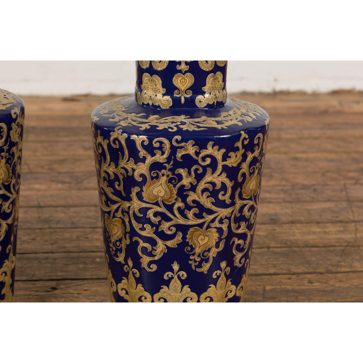 Pair of Dark Blue and Gold Vintage Vases with Intricate Design-9. Asian & Chinese Furniture, Art, Antiques, Vintage Home Décor for sale at FEA Home