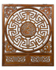 White background elmwood panel featuring phoenix, bats, and geometric maze design, Late Qing Dynasty, close-up view.