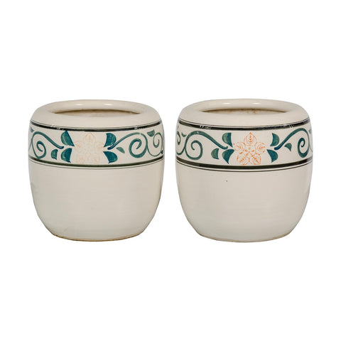 Pair of Late Qing Dynasty Ceramic Planters with Green Floral Décor-YN2374-19. Asian & Chinese Furniture, Art, Antiques, Vintage Home Décor for sale at FEA Home