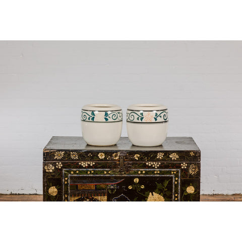 Pair of Late Qing Dynasty Ceramic Planters with Green Floral Décor-YN2374-4. Asian & Chinese Furniture, Art, Antiques, Vintage Home Décor for sale at FEA Home